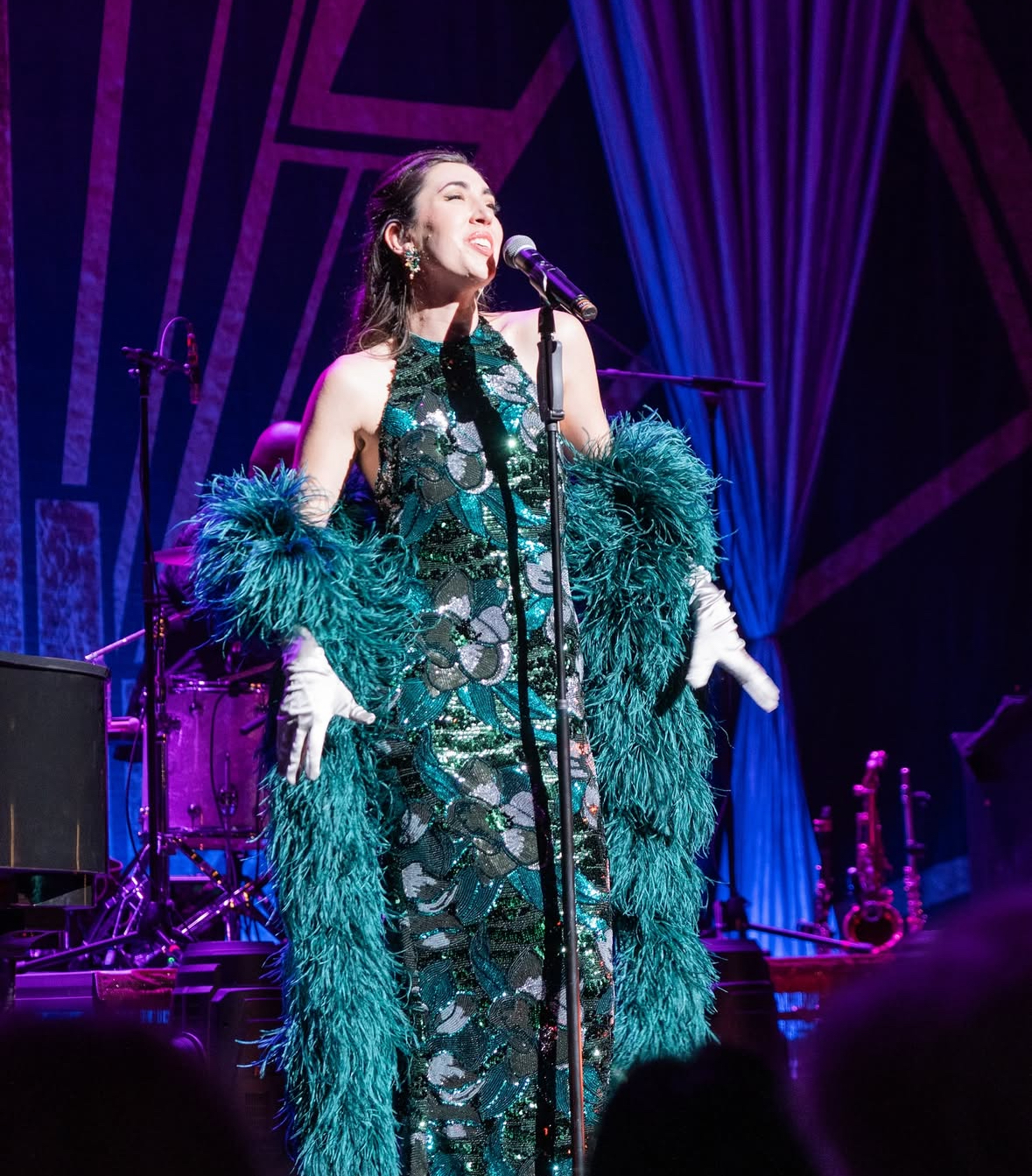 Lauren De Marco in feathered gown